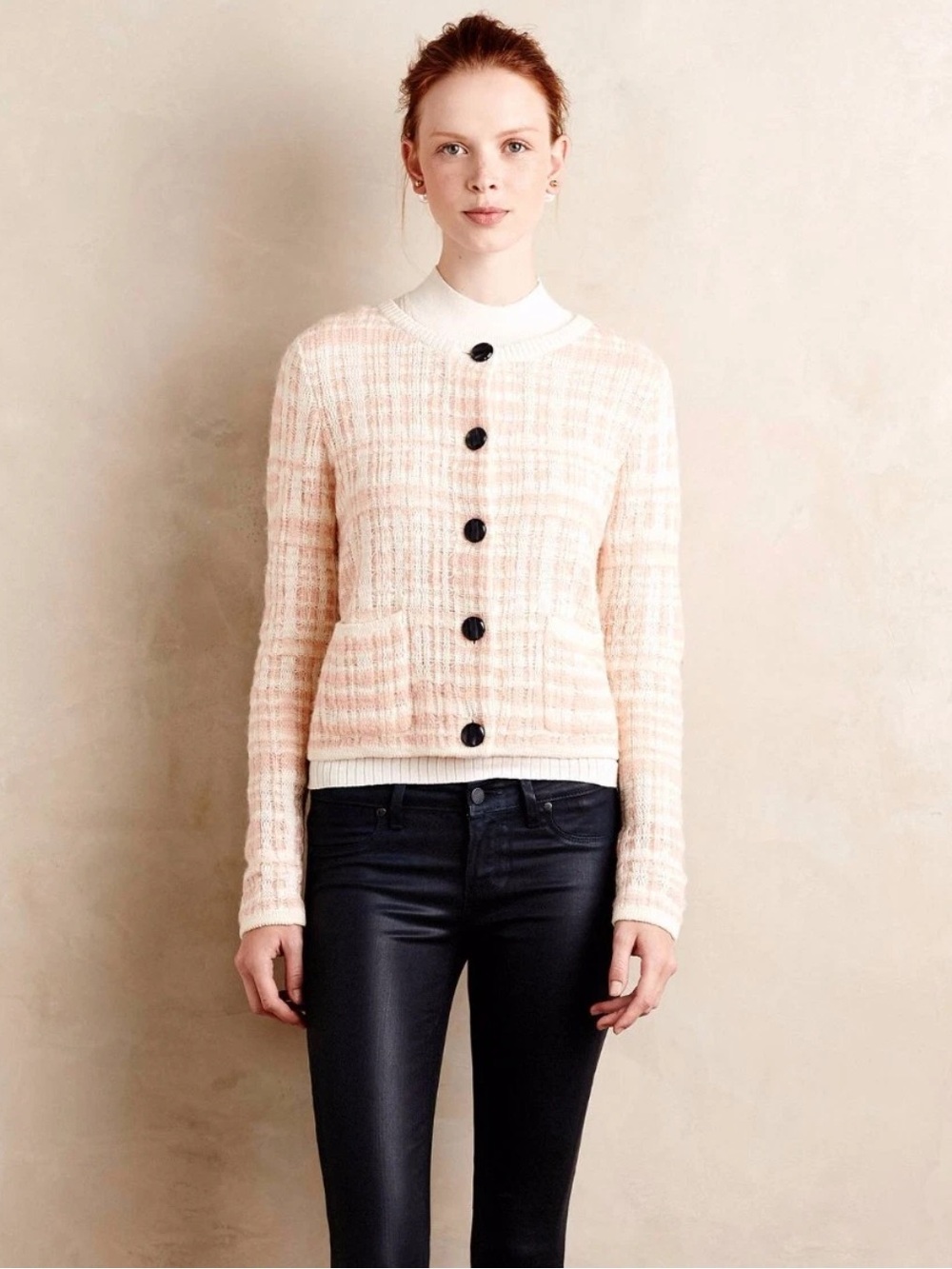 Anthro Knitted & Knotted Womens Plaid Stripe Boucle Cardigan, Pink / Cream – M